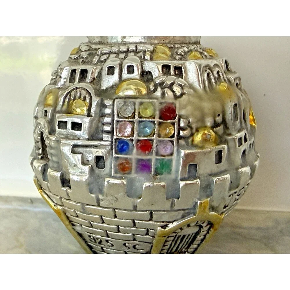 Vintage 925‎ Sterling Silver Gold Plated Jerusalem Cityscape Candlestick Holder